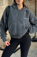 White Fox Always First Teddy Borg Boxy Zip Front Hoodie Charcoal