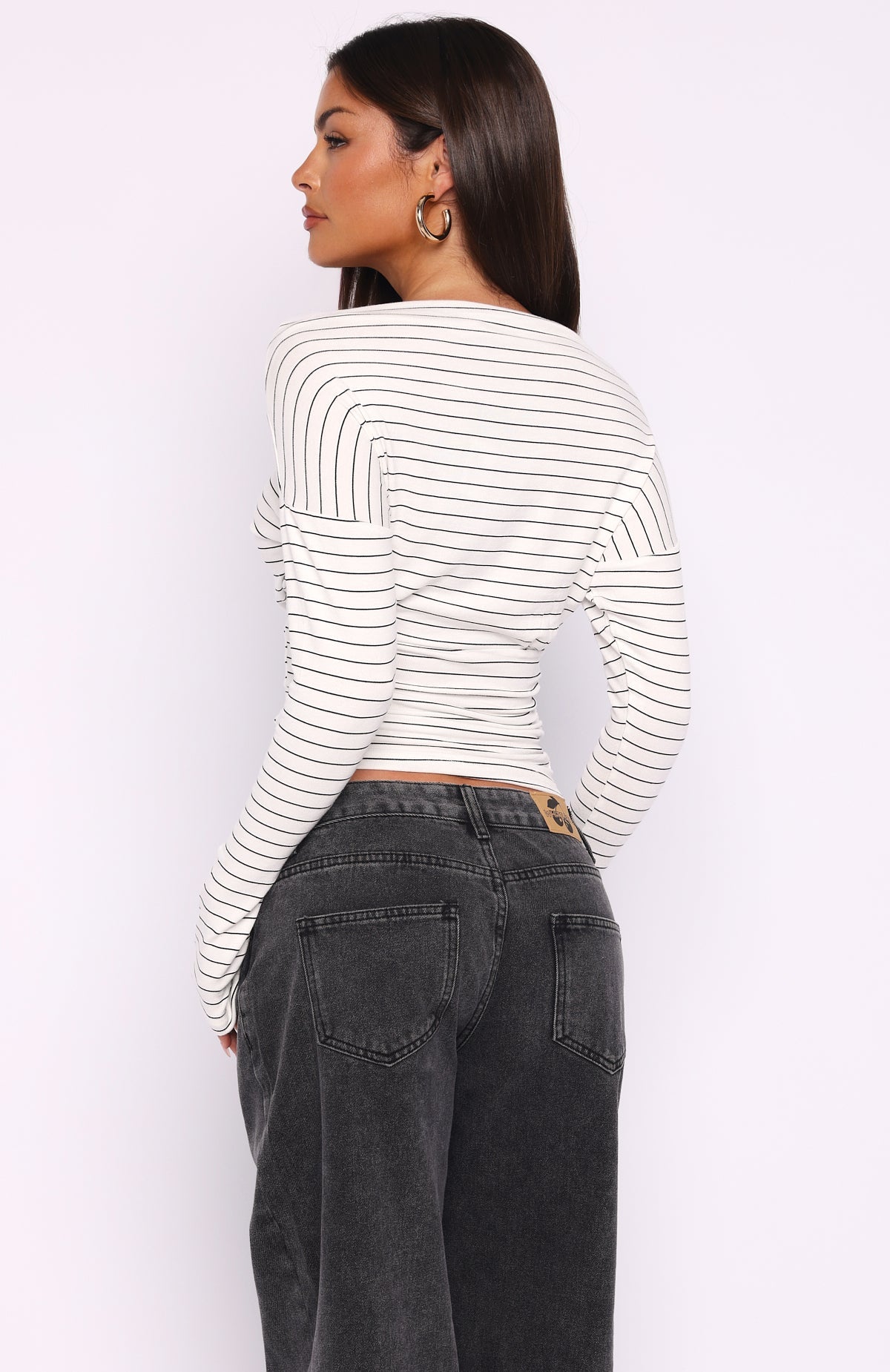 White Fox Another Time Cinched Waist Long Sleeve Top White Stripe