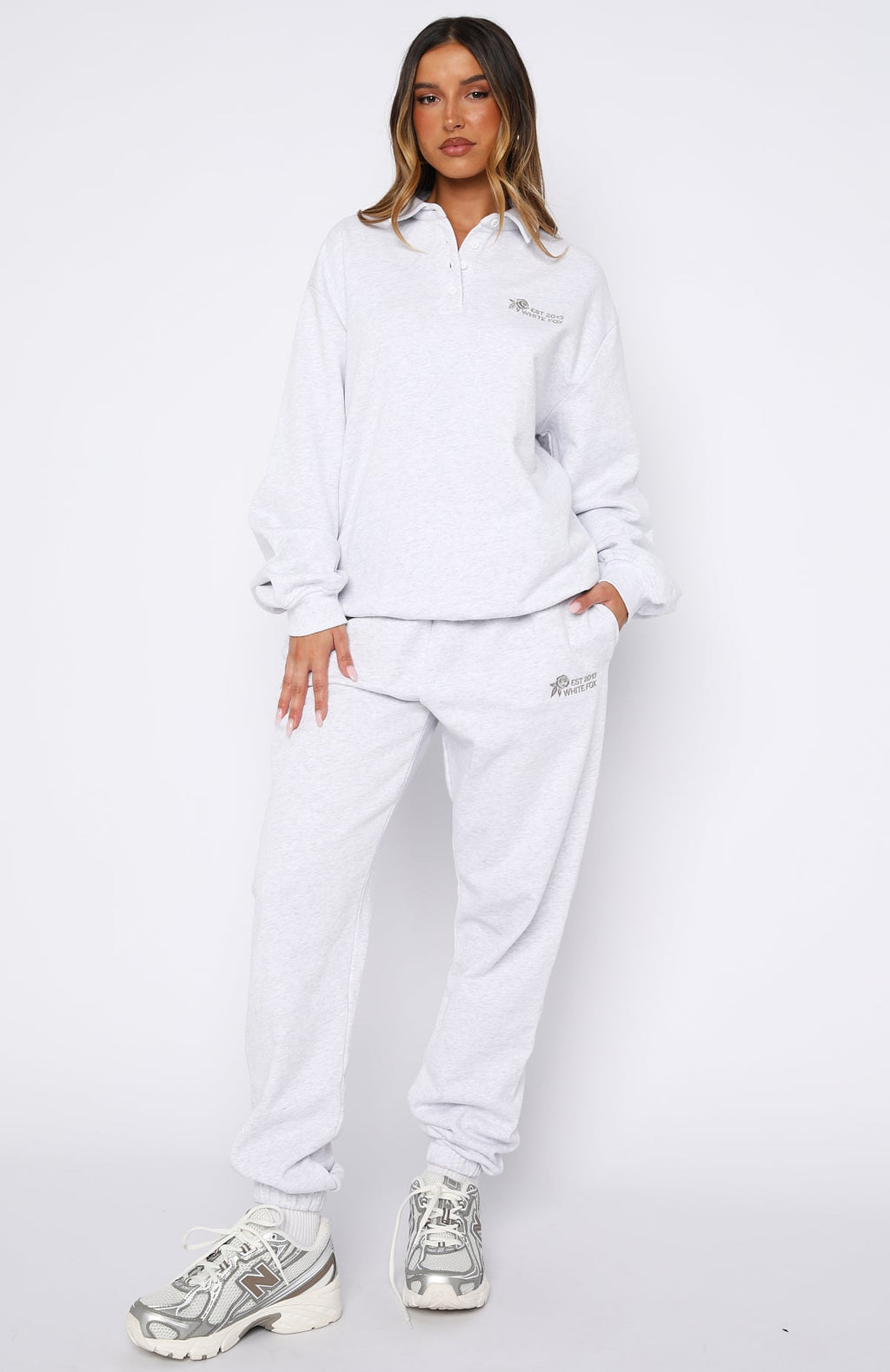 White Fox Can't Be Changed Oversized Henley Sweater Grey Marle