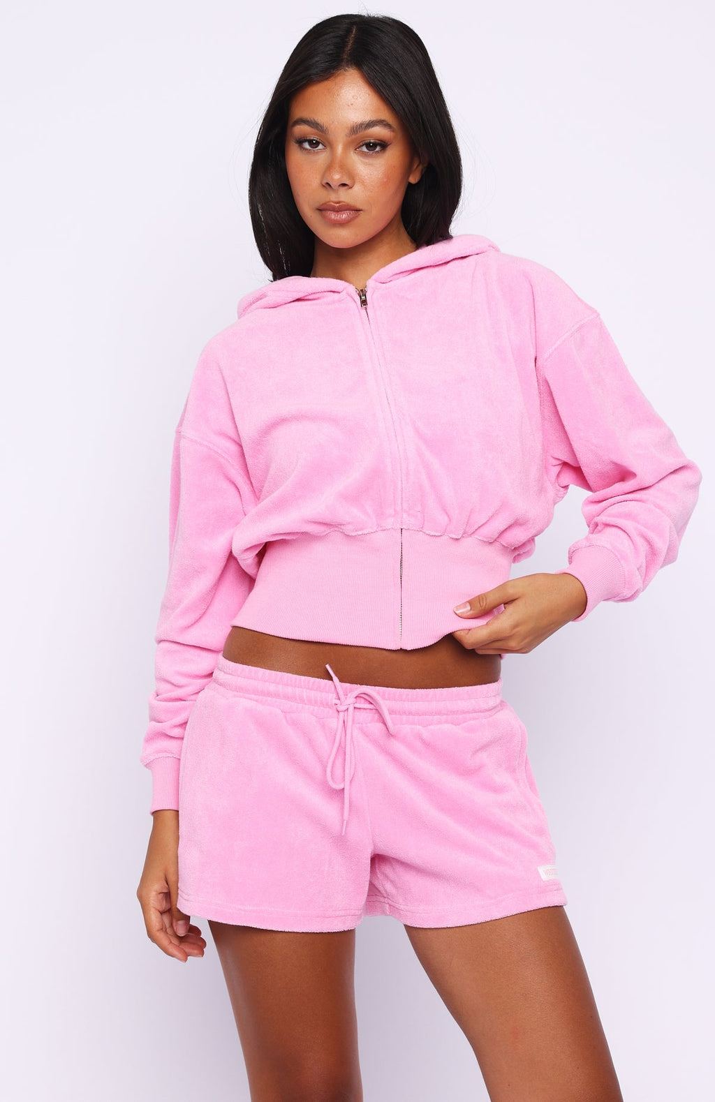 White Fox Causing Commotion Terry Cropped Cinched Zip Front Hoodie Pink