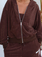 White Fox Causing Commotion Terry Boxy Zip Front Hoodie Chocolate