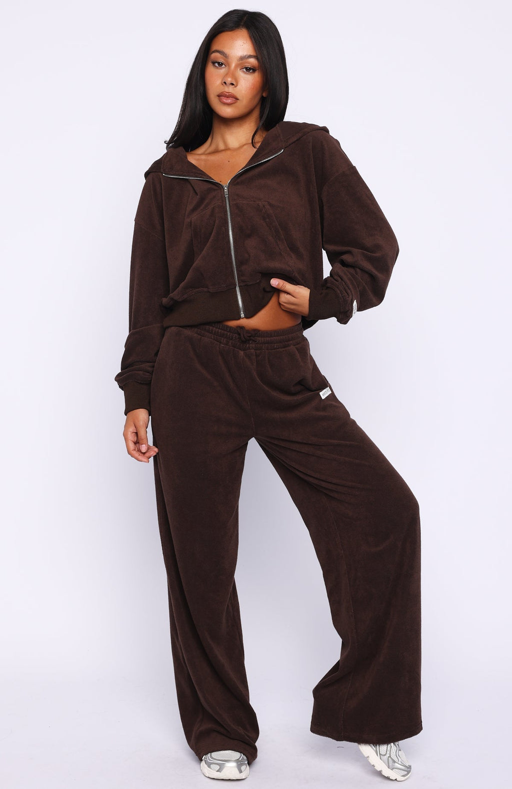 White Fox Causing Commotion Terry Wide Leg Sweatpants Chocolate
