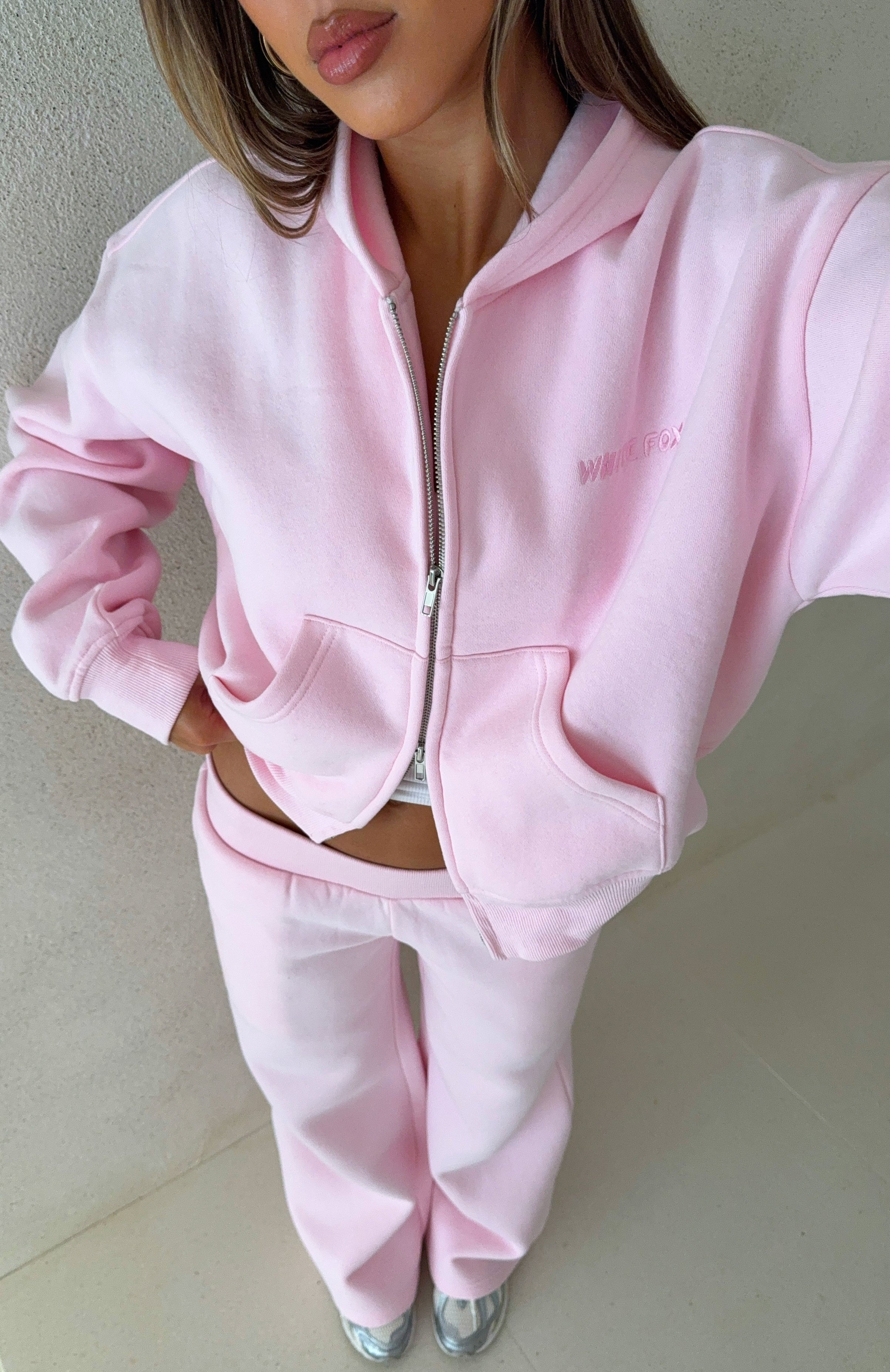 White Fox Come A Long Way Boxy Zip Front Hoodie Pink