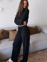 White Fox Come A Long Way Soft Lounge Ribbed Wide Leg Pants Black