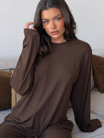White Fox Come A Long Way Soft Lounge Long Sleeve Ribbed Tee Chocolate
