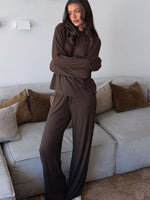 White Fox Come A Long Way Soft Lounge Ribbed Wide Leg Pants Chocolate