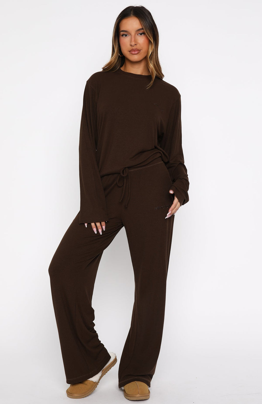White Fox Come A Long Way Soft Lounge Long Sleeve Ribbed Tee Chocolate