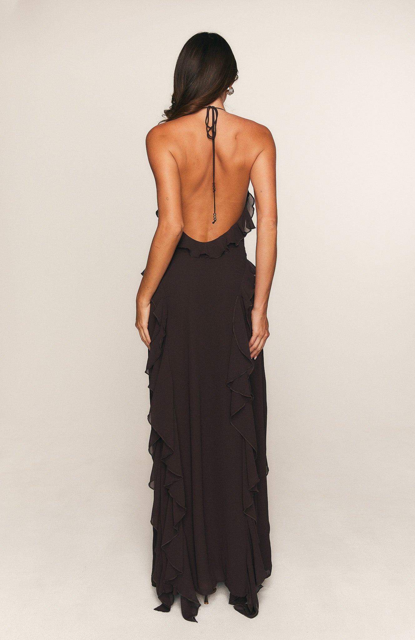 White Fox Control The Vibe Halter Maxi Dress Chocolate