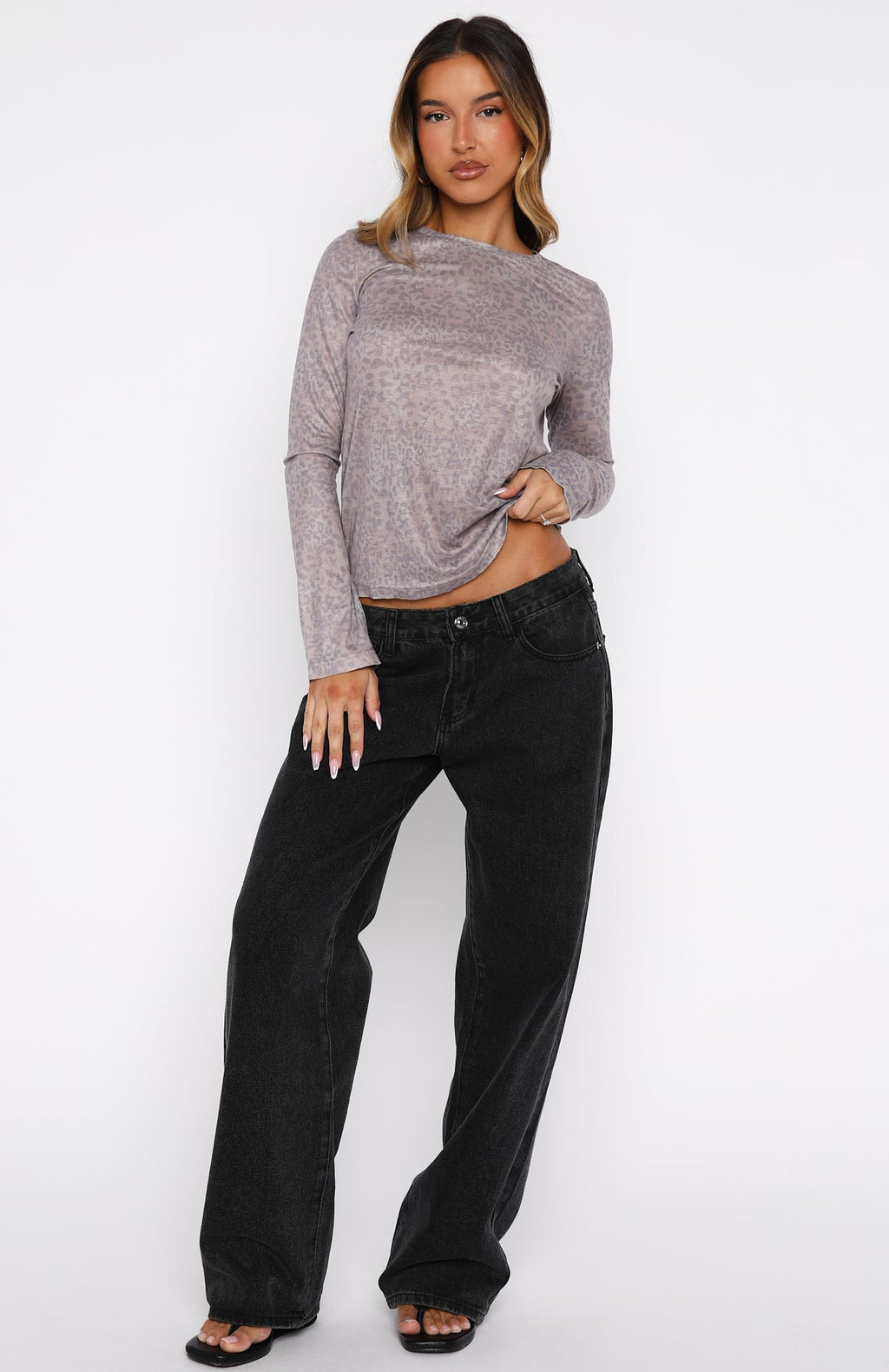 White Fox Courtside Seated Long Sleeve Top Leopard