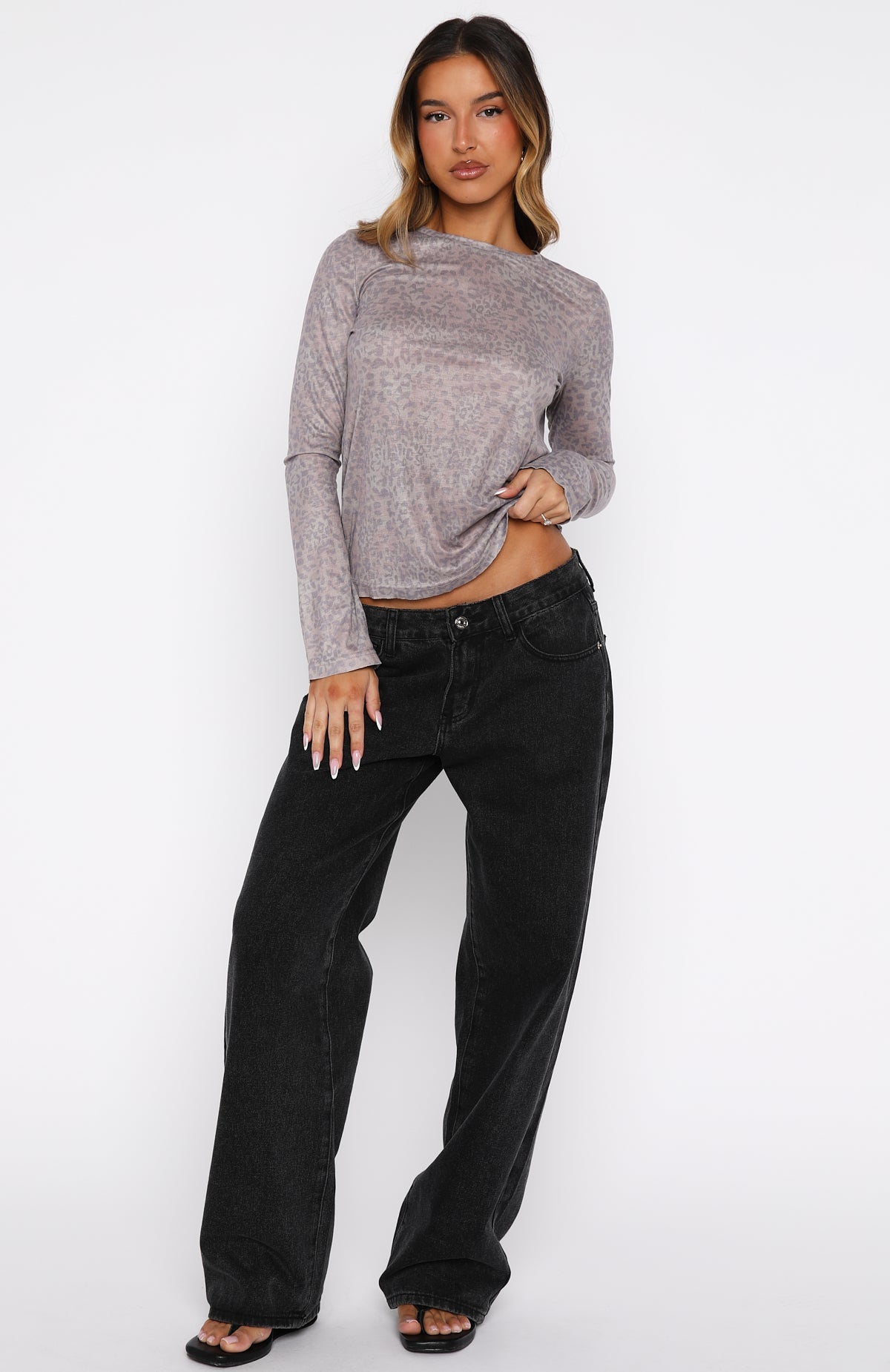 White Fox Courtside Seated Long Sleeve Top Leopard