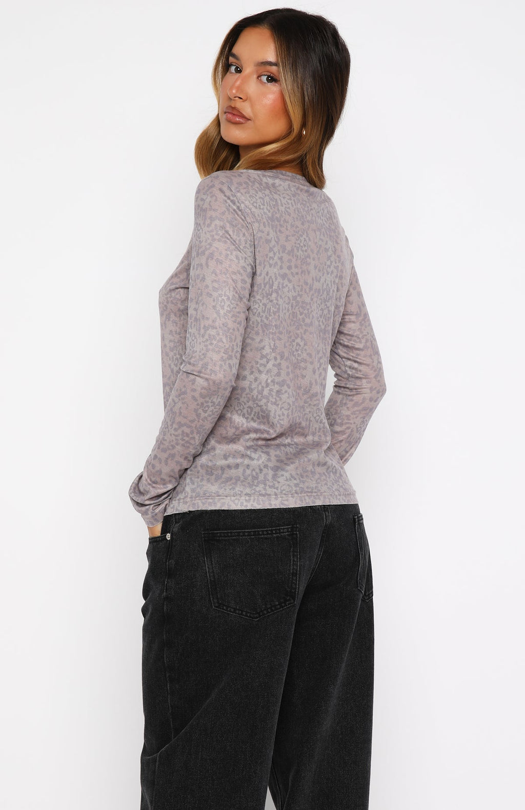 White Fox Courtside Seated Long Sleeve Top Leopard