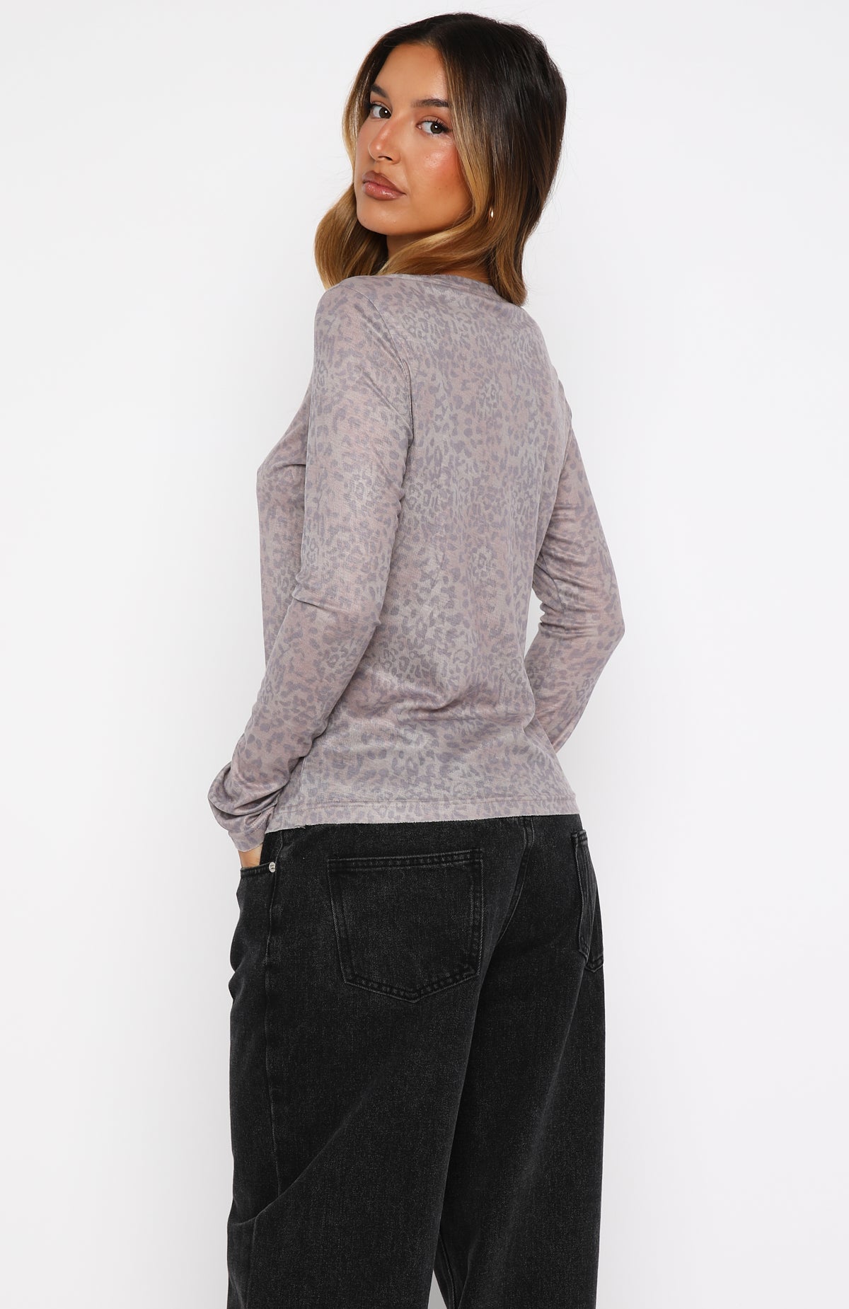 White Fox Courtside Seated Long Sleeve Top Leopard