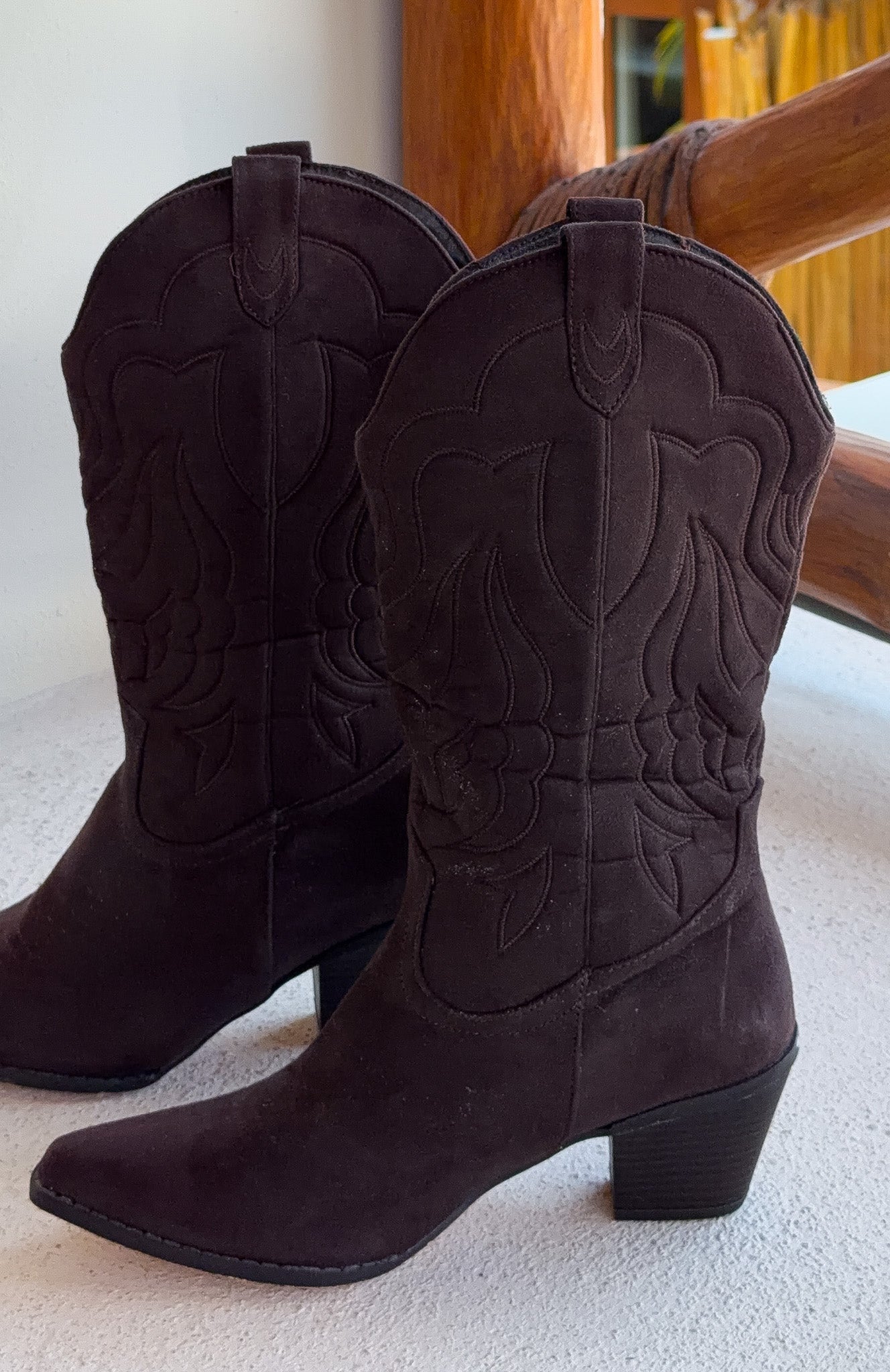 White Fox Darcy Cowboy Boots Chocolate Faux Suede