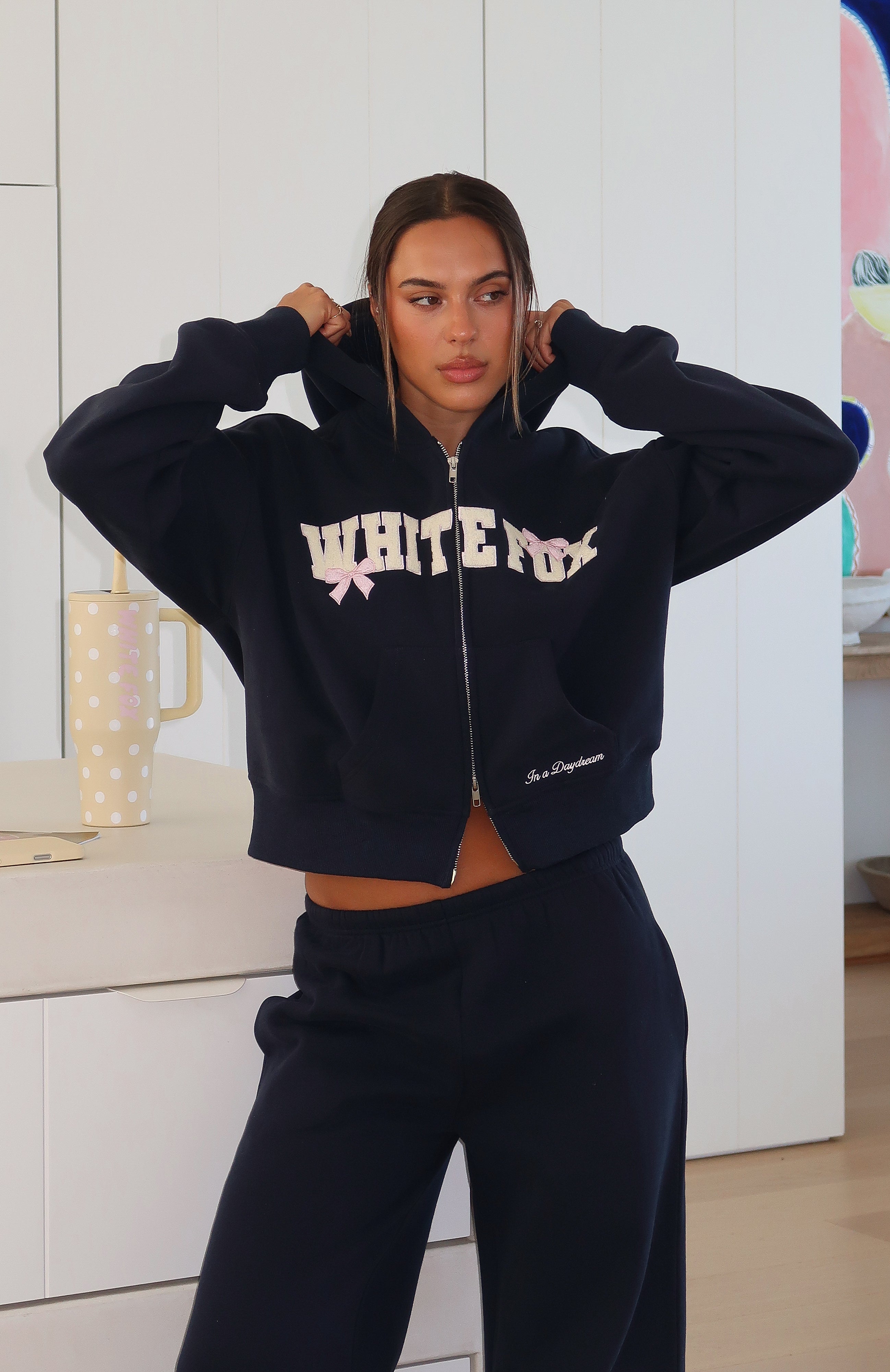 White Fox Daydreamers Madeline Boxy Zip Front Hoodie Navy