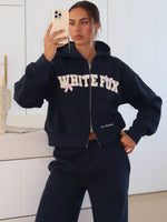 White Fox Daydreamers Madeline Boxy Zip Front Hoodie Navy