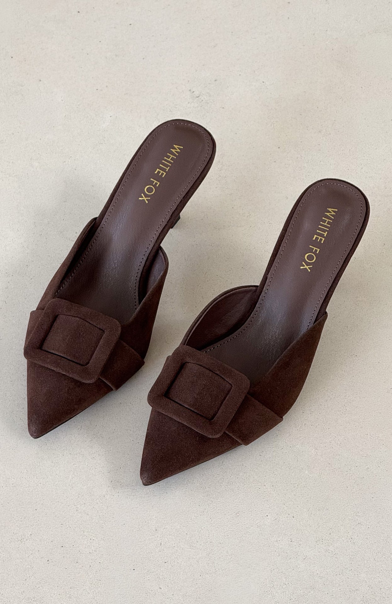 White Fox Domino Heels Chocolate Faux Suede