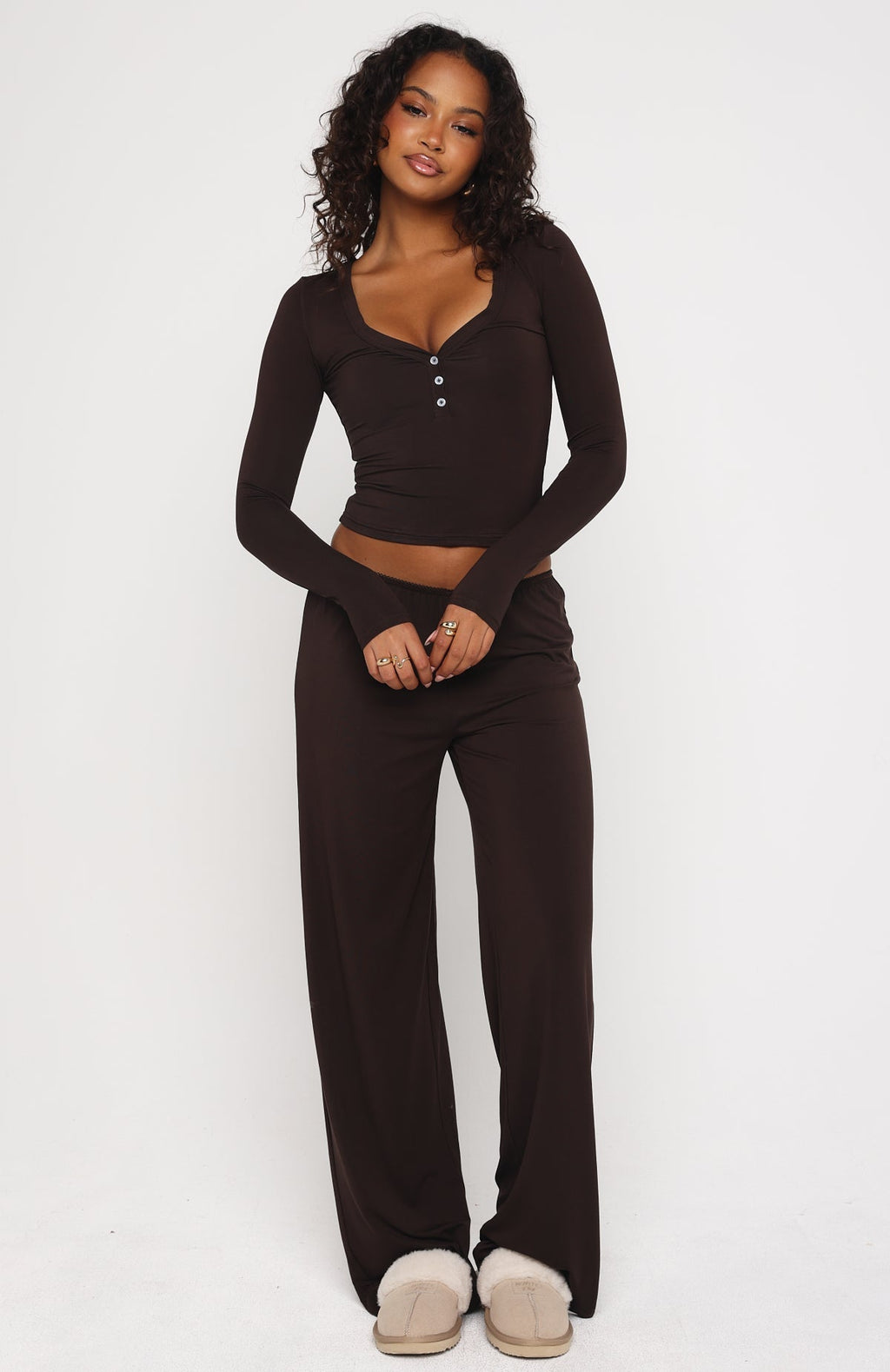 White Fox Dreamy Button Up Long Sleeve Pyjama Top Chocolate