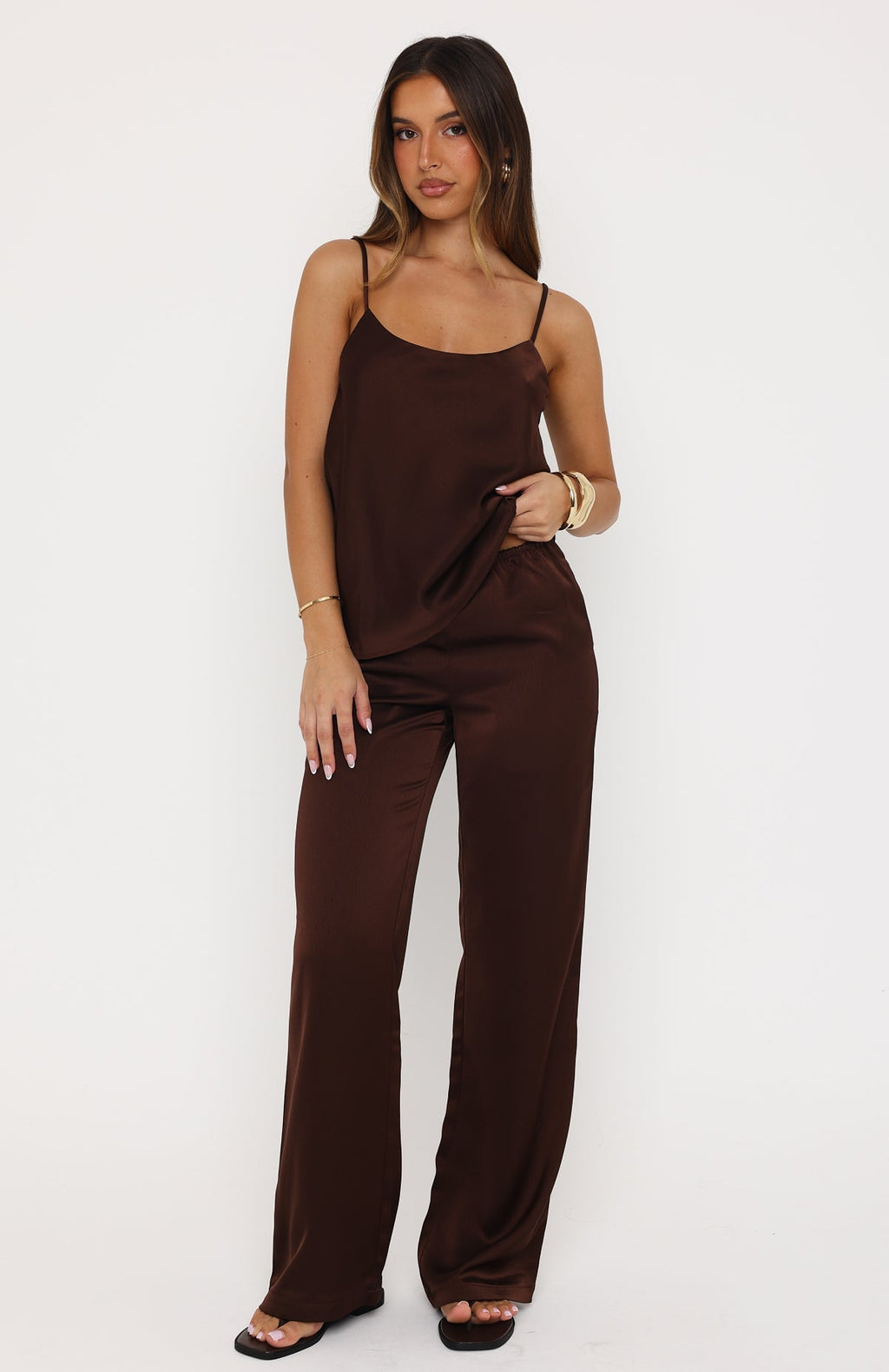 White Fox Falling Fast Satin Pants Chocolate