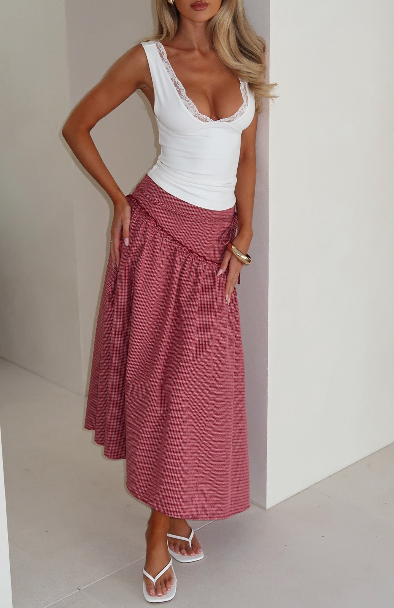 White Fox Feeling Groovy Maxi Skirt Red Gingham