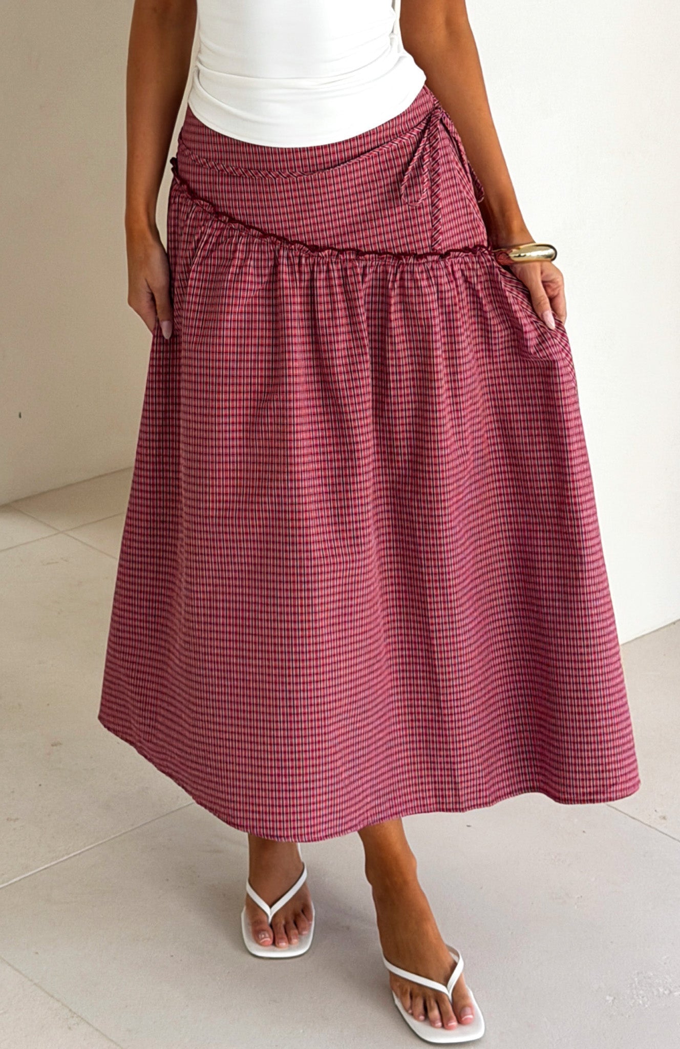 White Fox Feeling Groovy Maxi Skirt Red Gingham