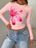 White Fox Flower Beds Long Sleeve Baby Tee Baby Pink