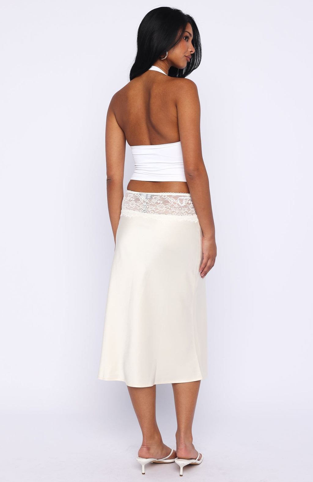 White Fox For A Long Time Lace Trim Midi Skirt Cream