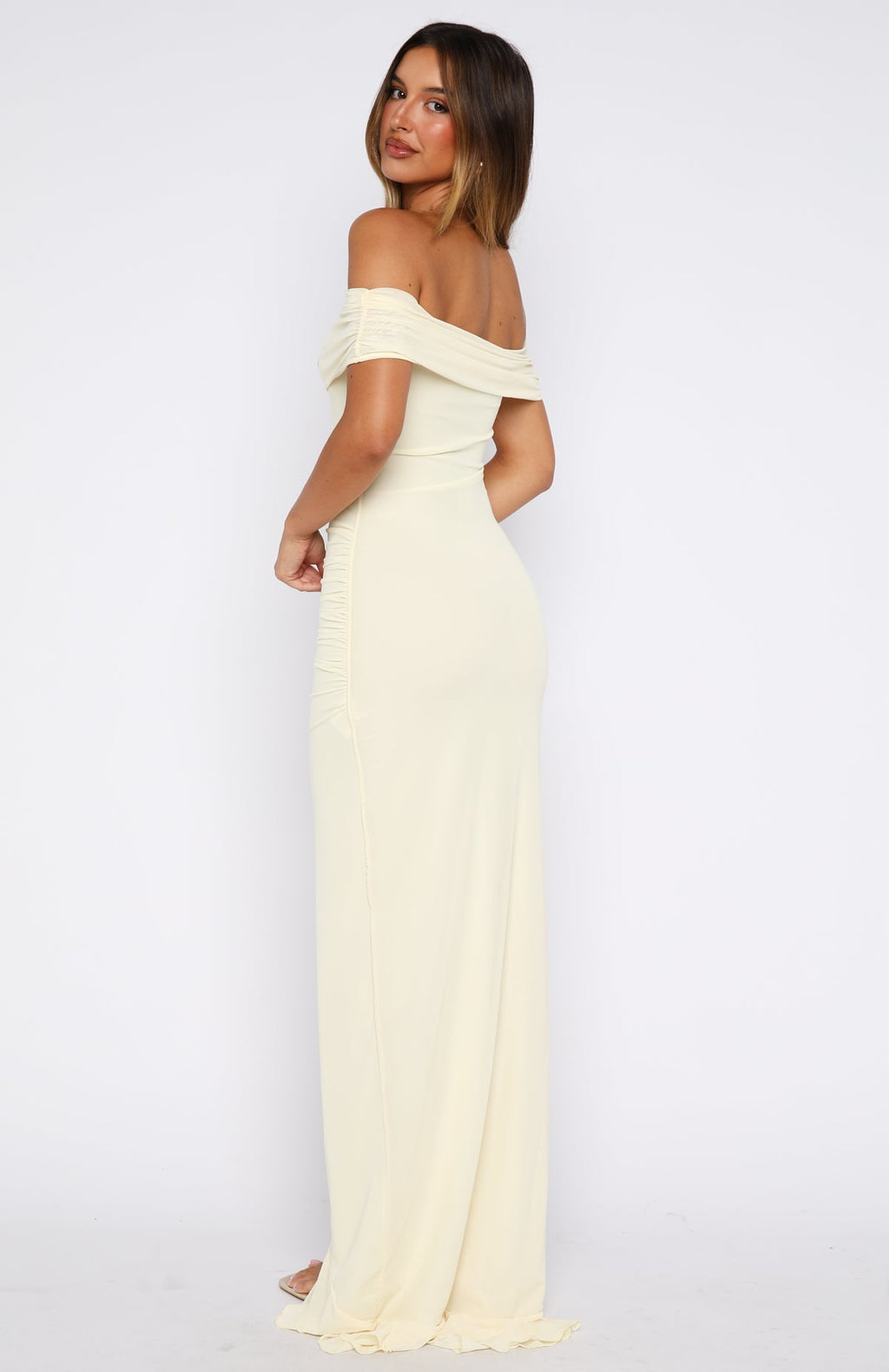 White Fox Icon In Motion Off Shoulder Maxi Dress Lemon