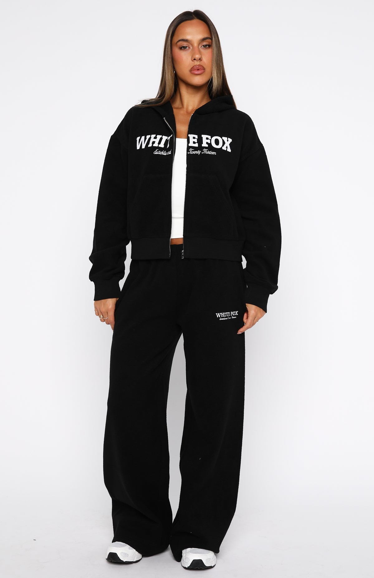 White Fox Just For Now Fleece Wide Leg Sweatpants Black