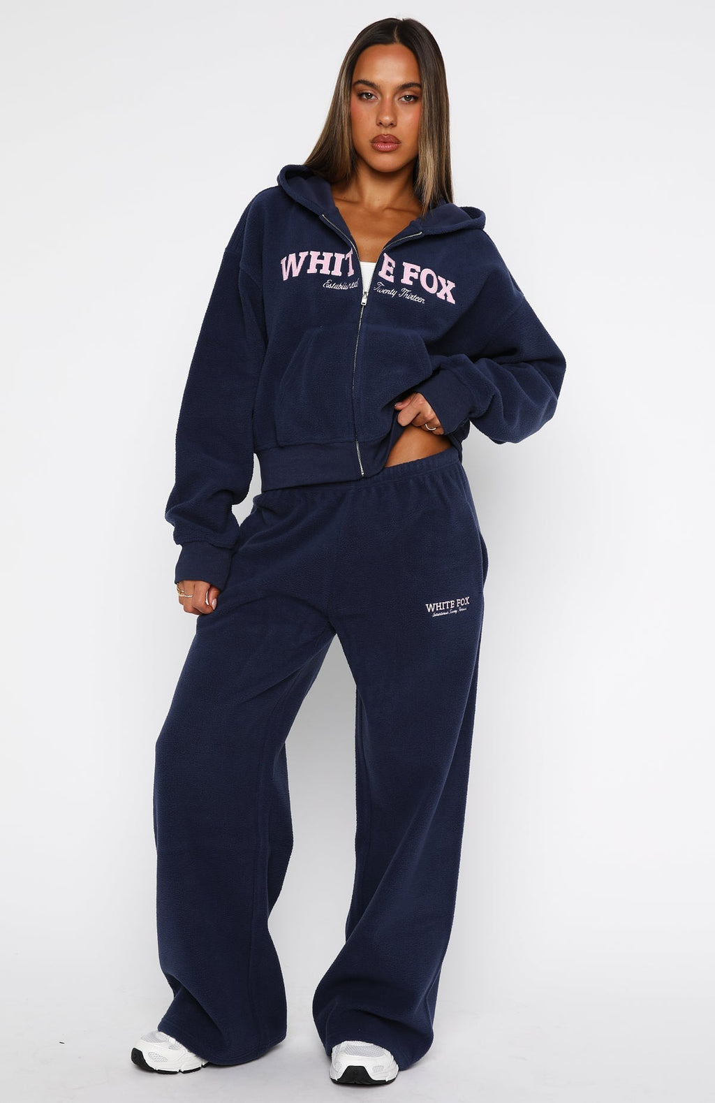 White Fox Just For Now Fleece Boxy Zip Front Hoodie Navy