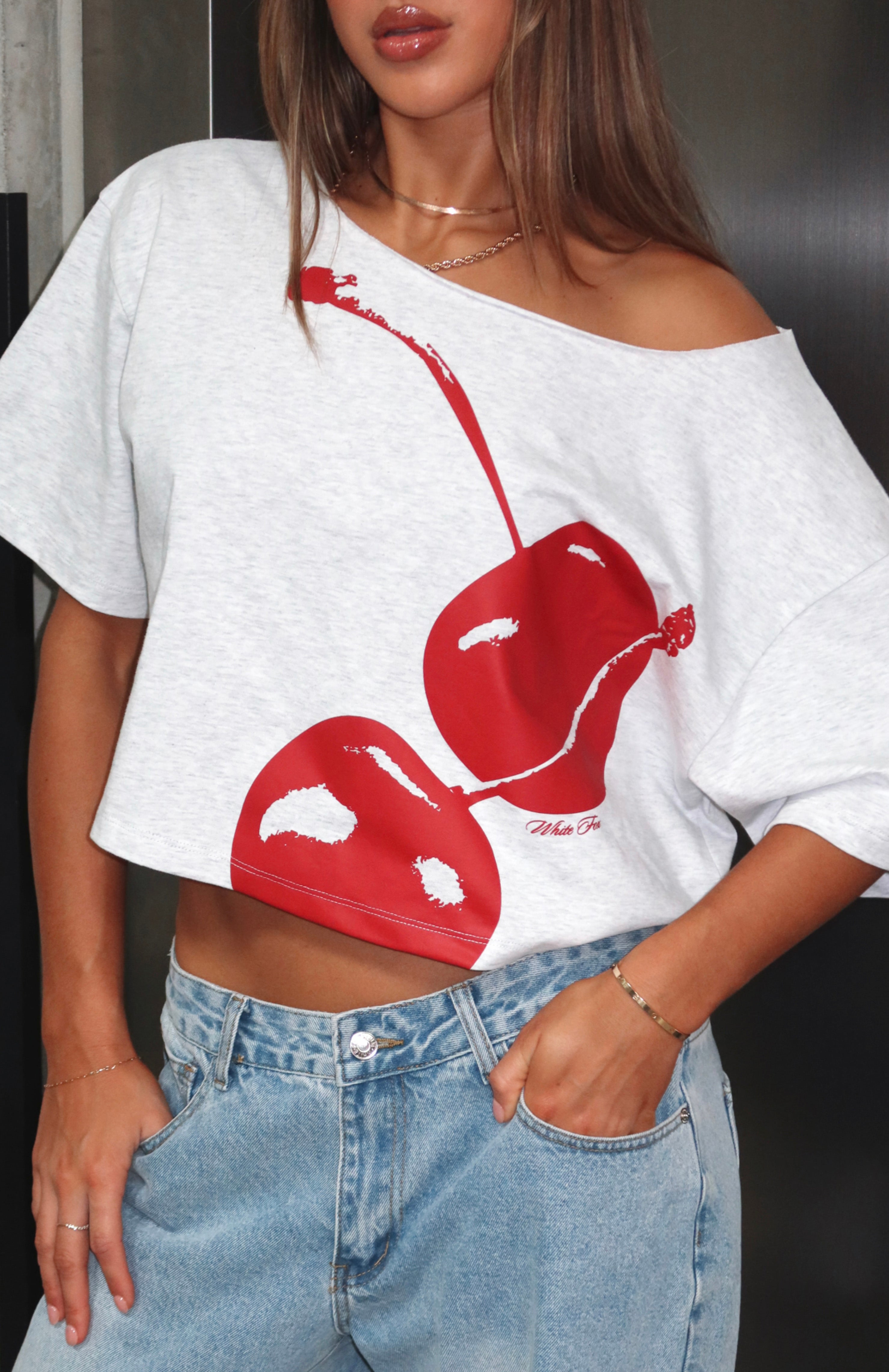 White Fox Just In Time Off Shoulder Cropped Tee Grey Marle
