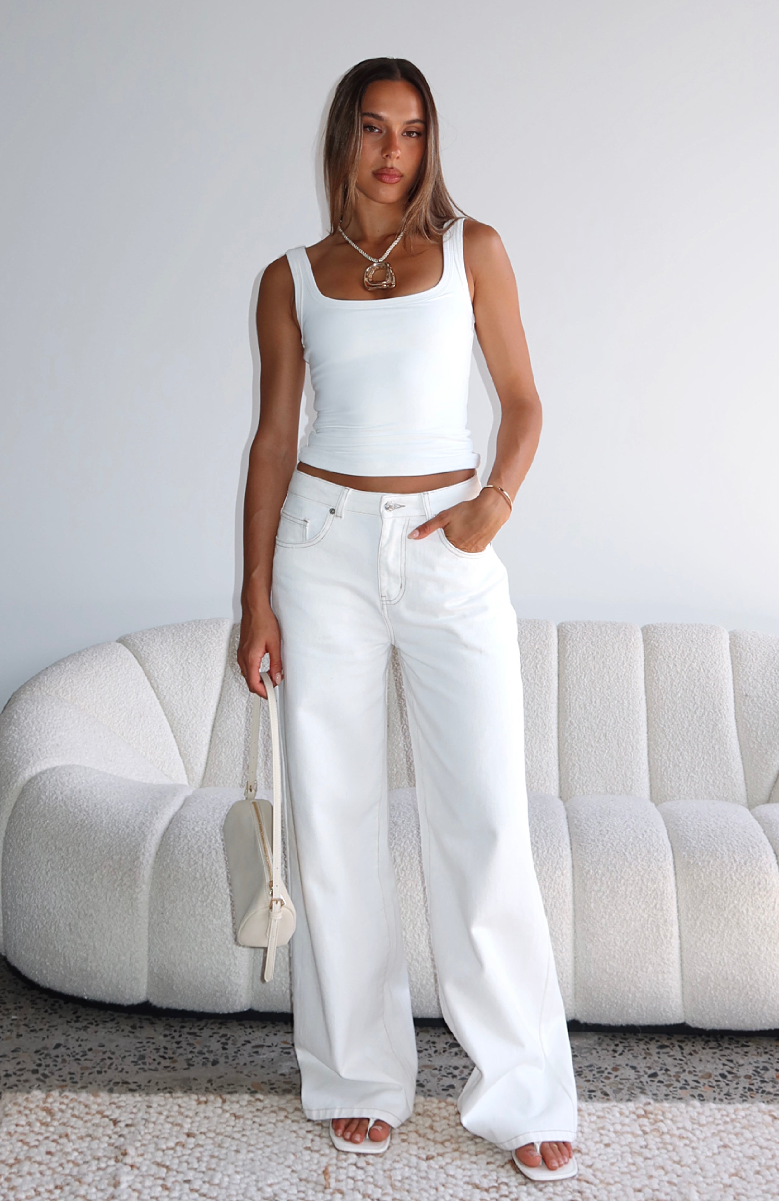 White Fox Just My Type Mid Rise Wide Leg Jeans Off White
