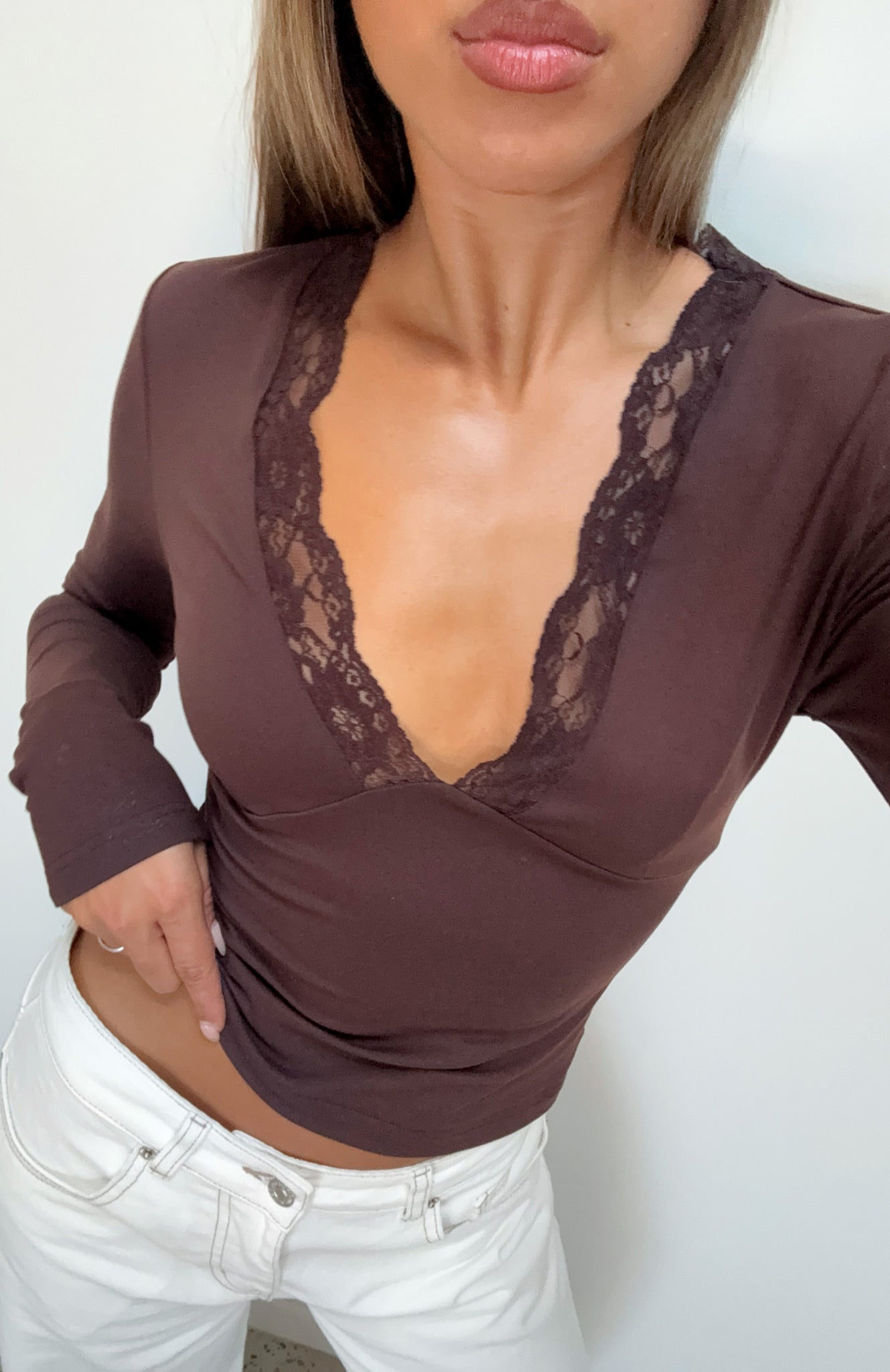 White Fox Knew That All Along Lace Trim Long Sleeve Top Chocolate