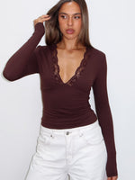 White Fox Knew That All Along Lace Trim Long Sleeve Top Chocolate