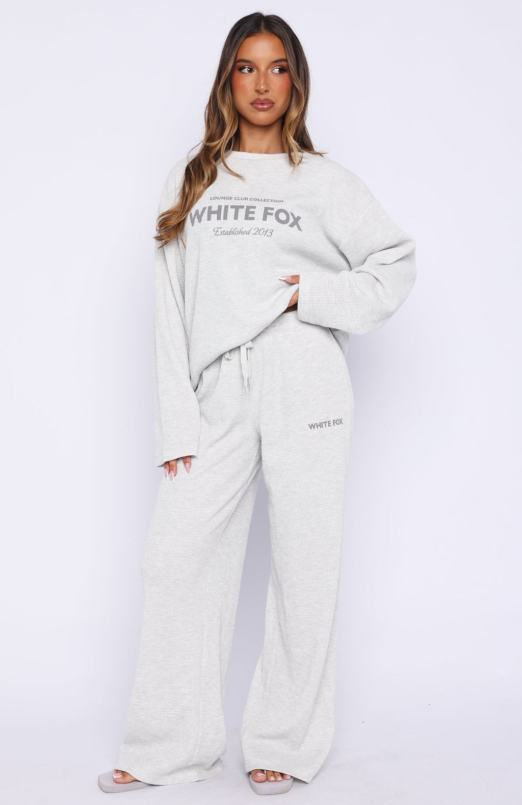 White Fox Leave Me Out Of It Waffle Wide Leg Sweatpants Grey Marle
