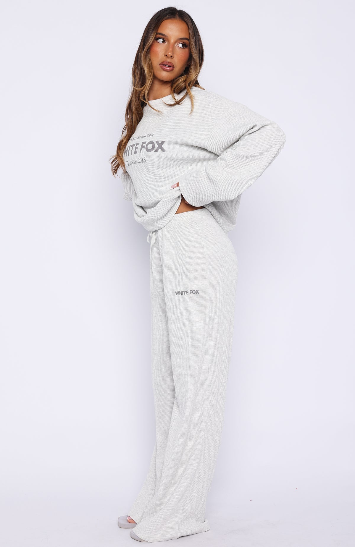 White Fox Leave Me Out Of It Waffle Wide Leg Sweatpants Grey Marle