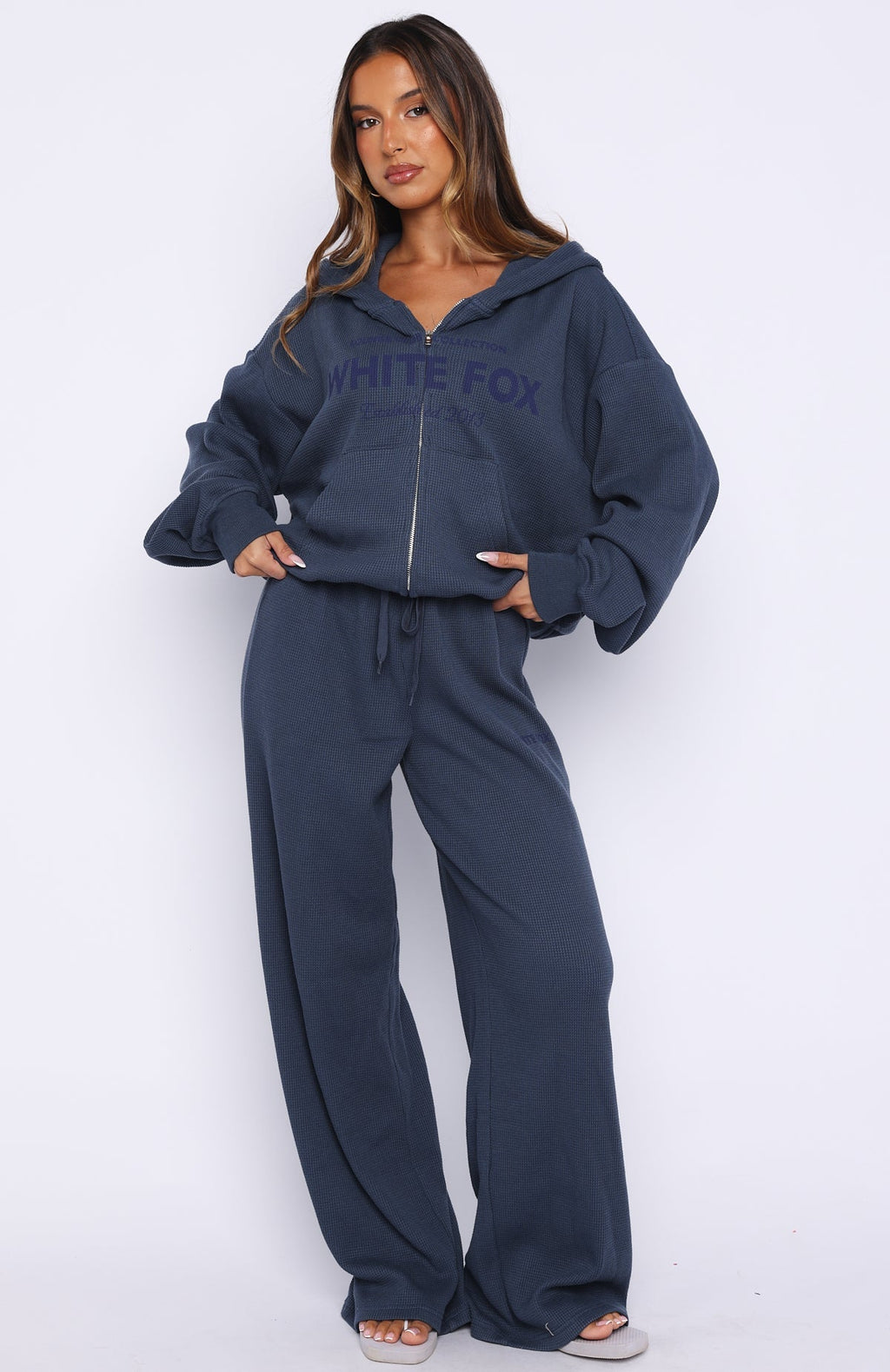 White Fox Leave Me Out Of It Waffle Wide Leg Sweatpants Navy