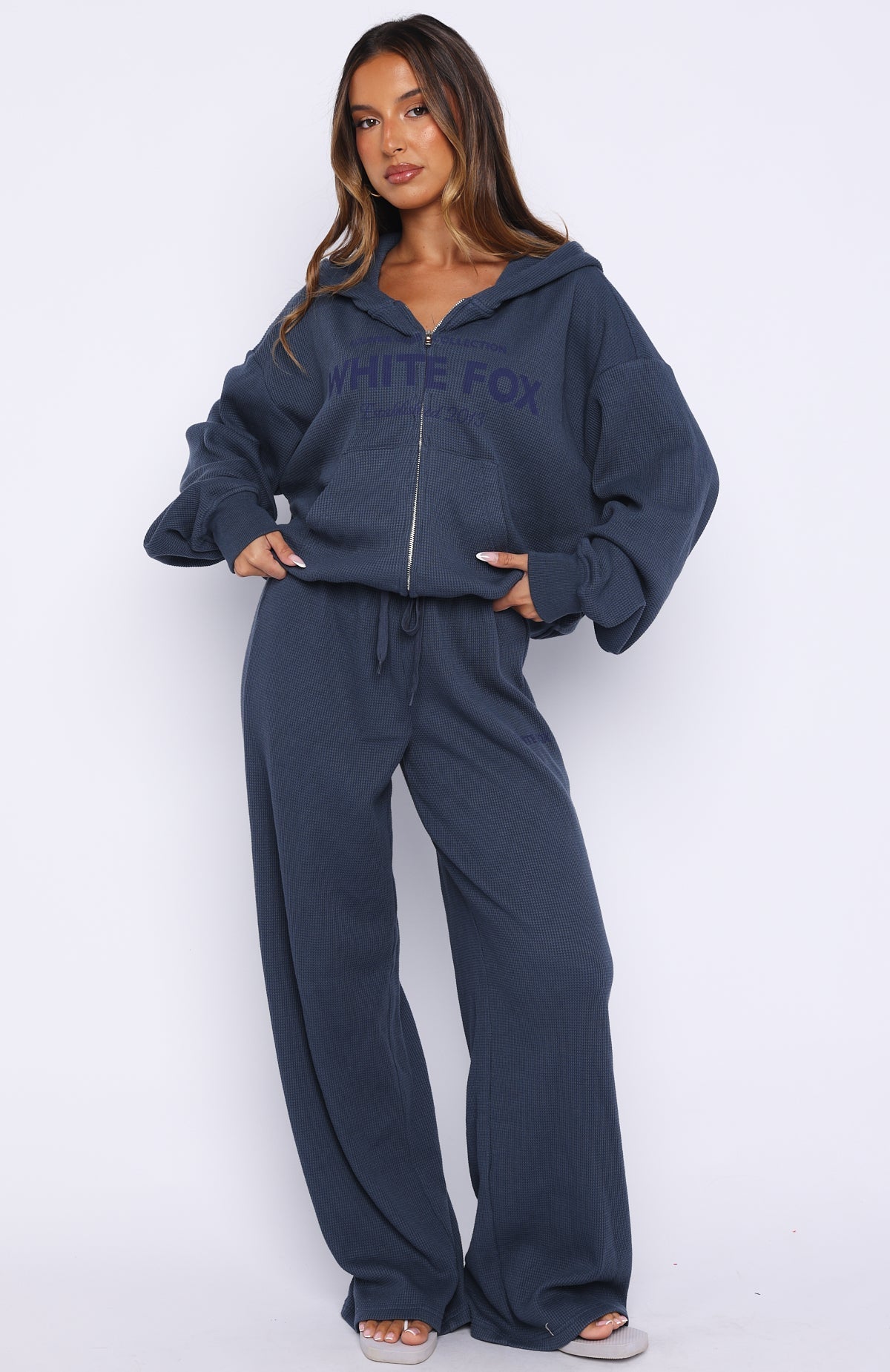 White Fox Leave Me Out Of It Waffle Wide Leg Sweatpants Navy