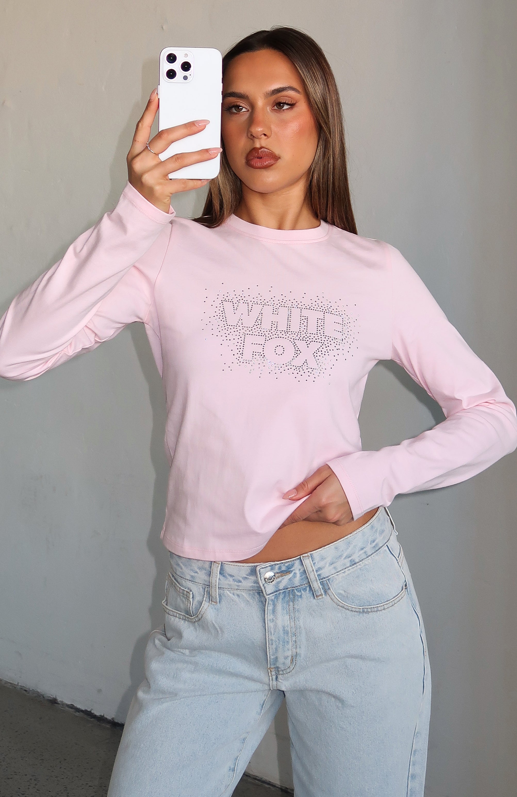 White Fox Let's Get Going Relaxed Long Sleeve Baby Tee Pink