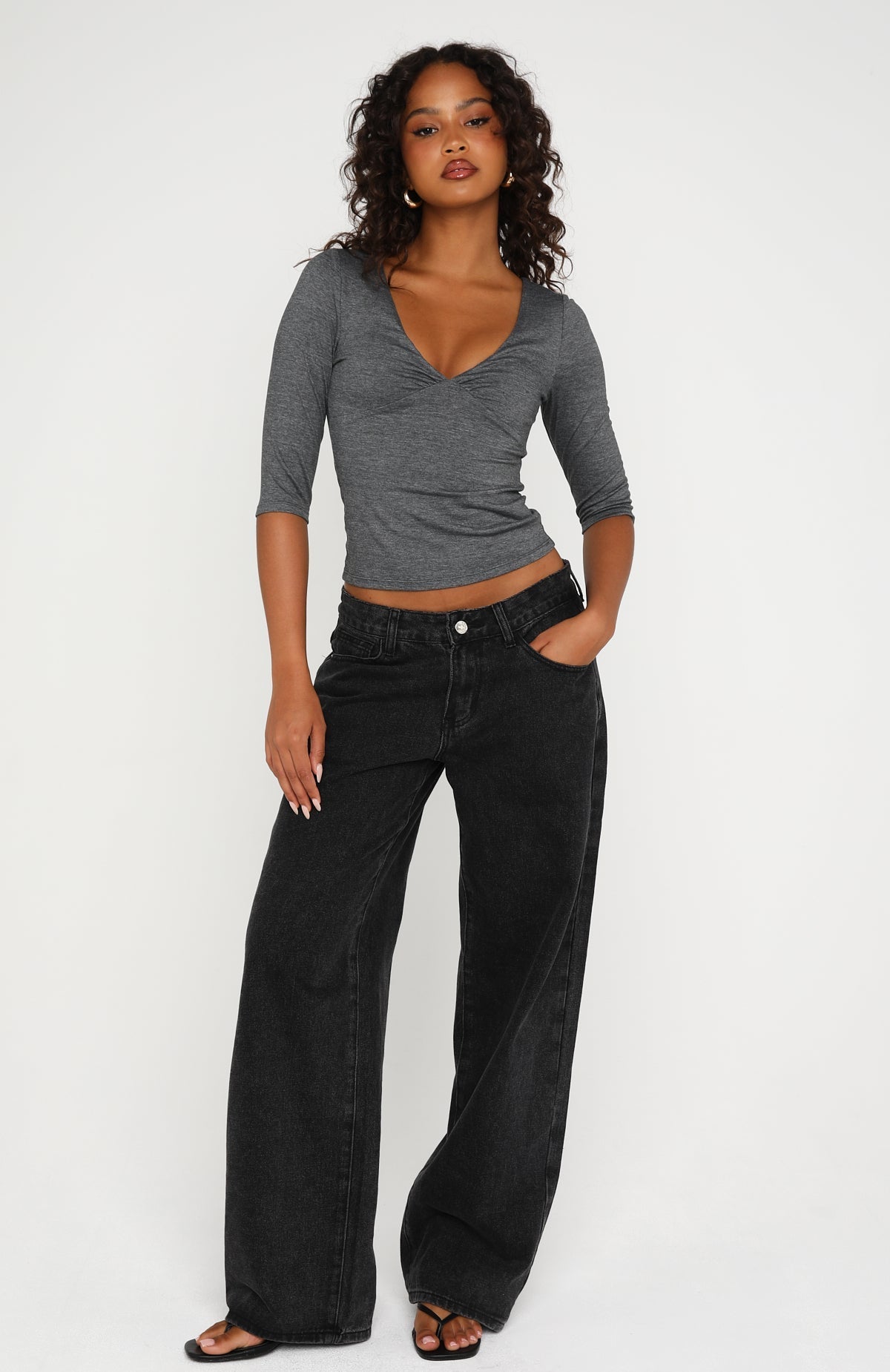 White Fox Little Bit Of Everything 3/4 Sleeve V Neck Top Charcoal Marle