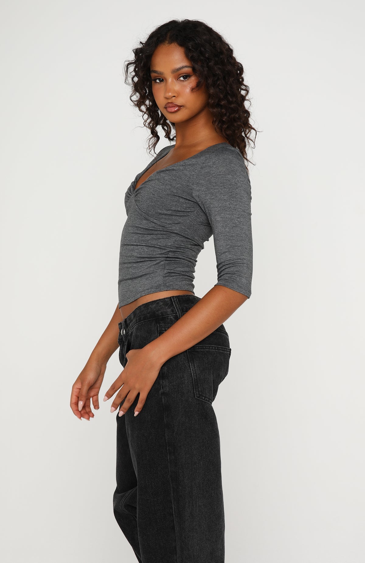 White Fox Little Bit Of Everything 3/4 Sleeve V Neck Top Charcoal Marle