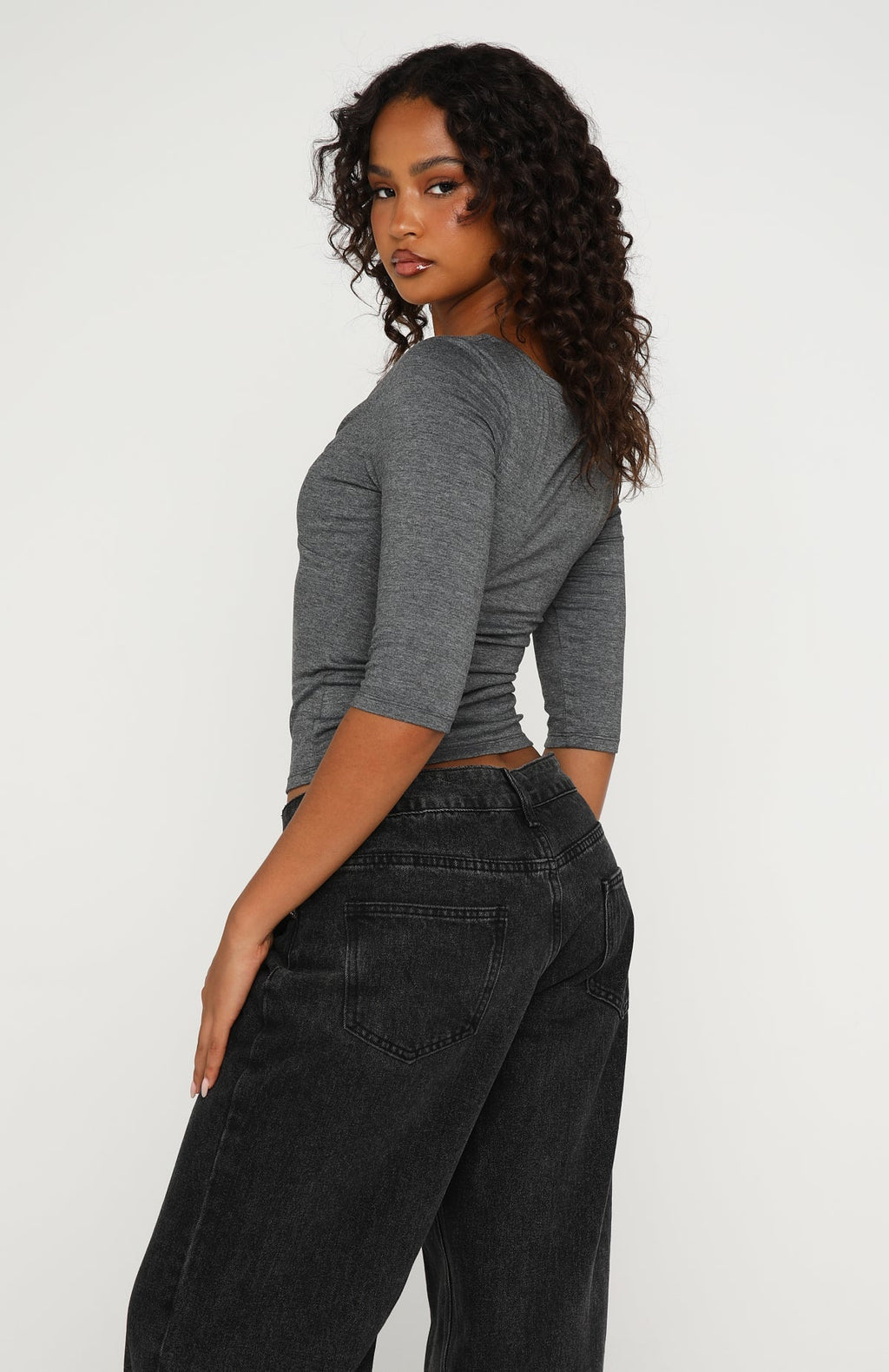 White Fox Little Bit Of Everything 3/4 Sleeve V Neck Top Charcoal Marle