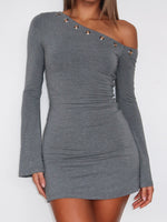 White Fox Live Loud Long Sleeve Mini Dress Charcoal