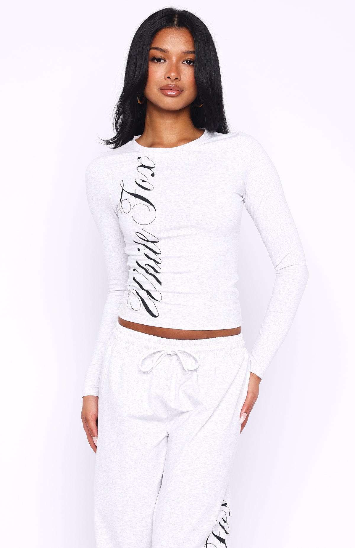 White Fox Luxurious Girl Long Sleeve Baby Tee Grey Marle