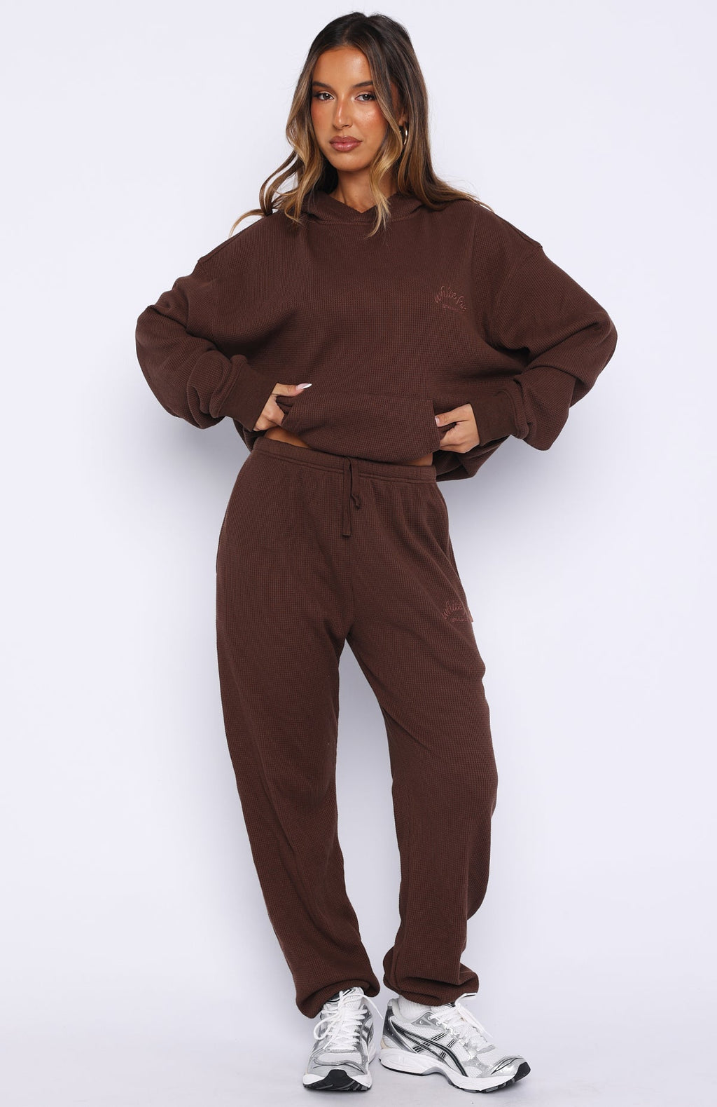 White Fox Moving Out Waffle Oversized Hoodie Chocolate