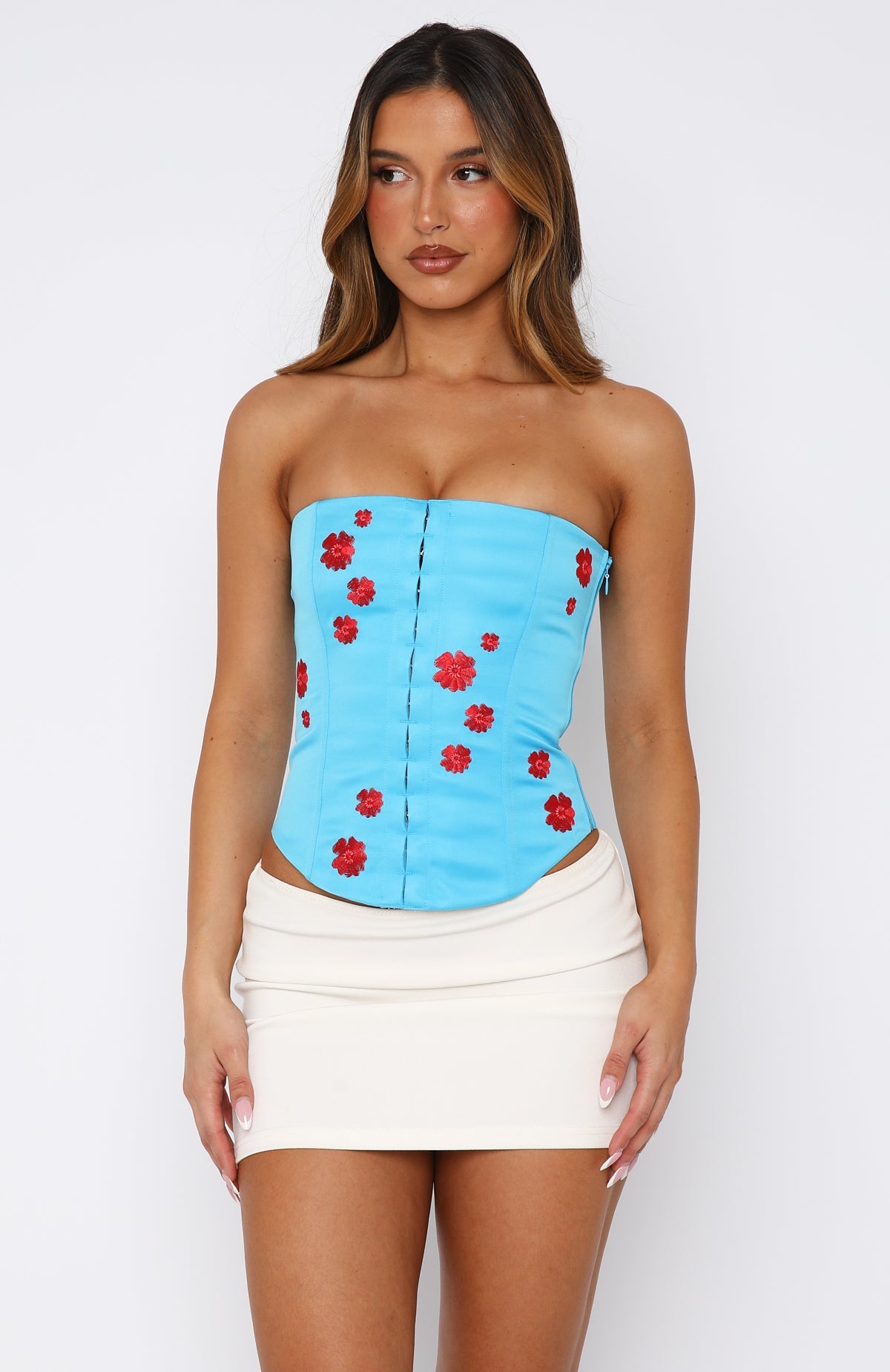 White Fox Beyond Me Strapless Embroidered Bustier Blue
