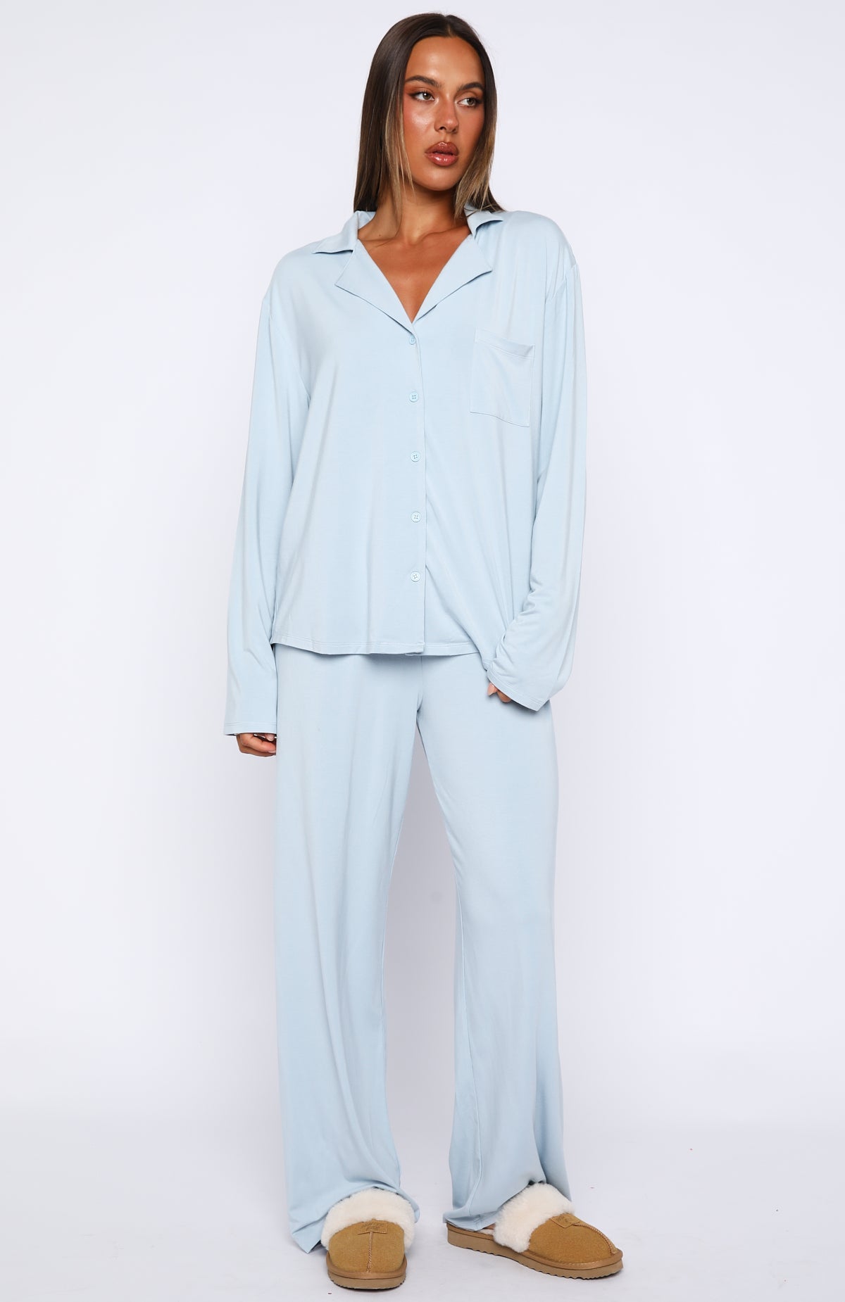 White Fox Pillow Talk Long Sleeve Pyjama Set Dusty Blue
