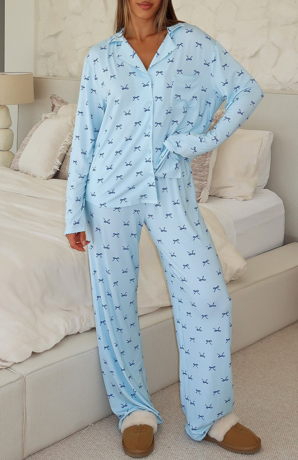 White Fox Pillow Talk Printed Long Sleeve Pyjama Set Sky Ribbons