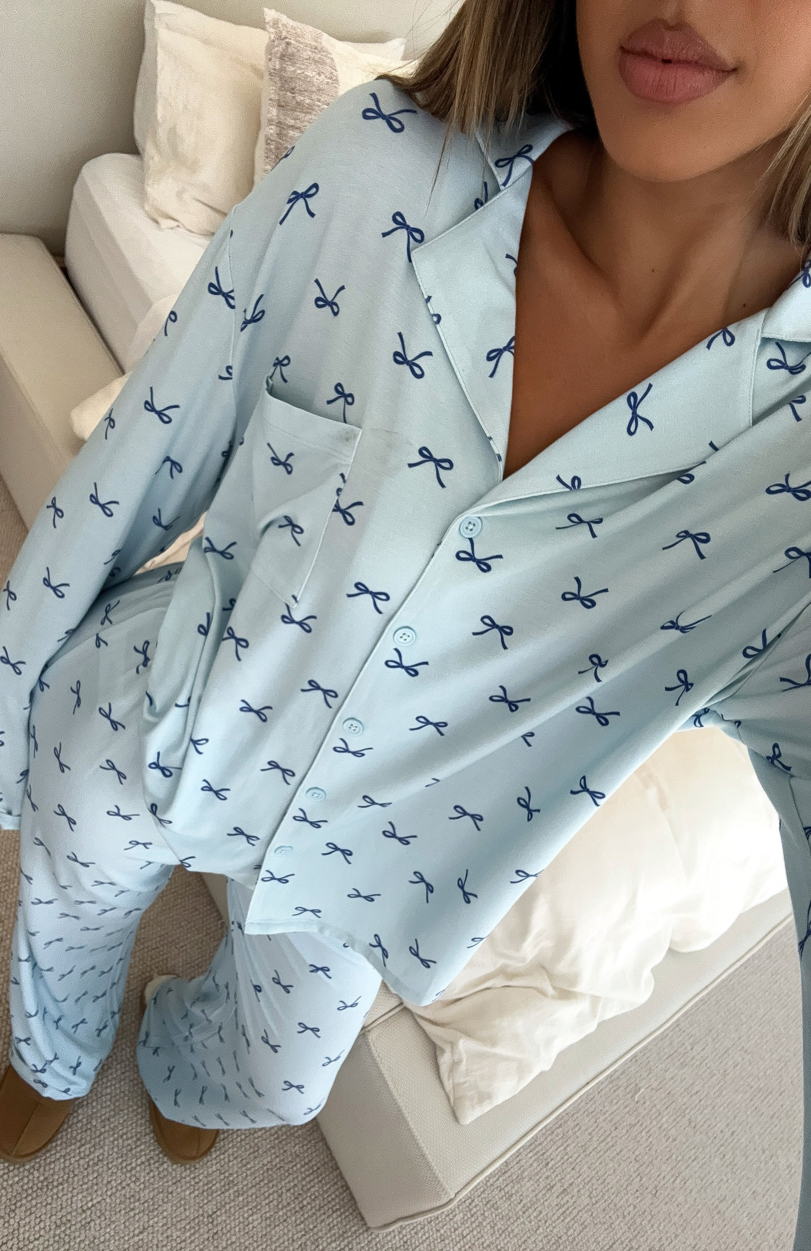 White Fox Pillow Talk Printed Long Sleeve Pyjama Set Sky Ribbons