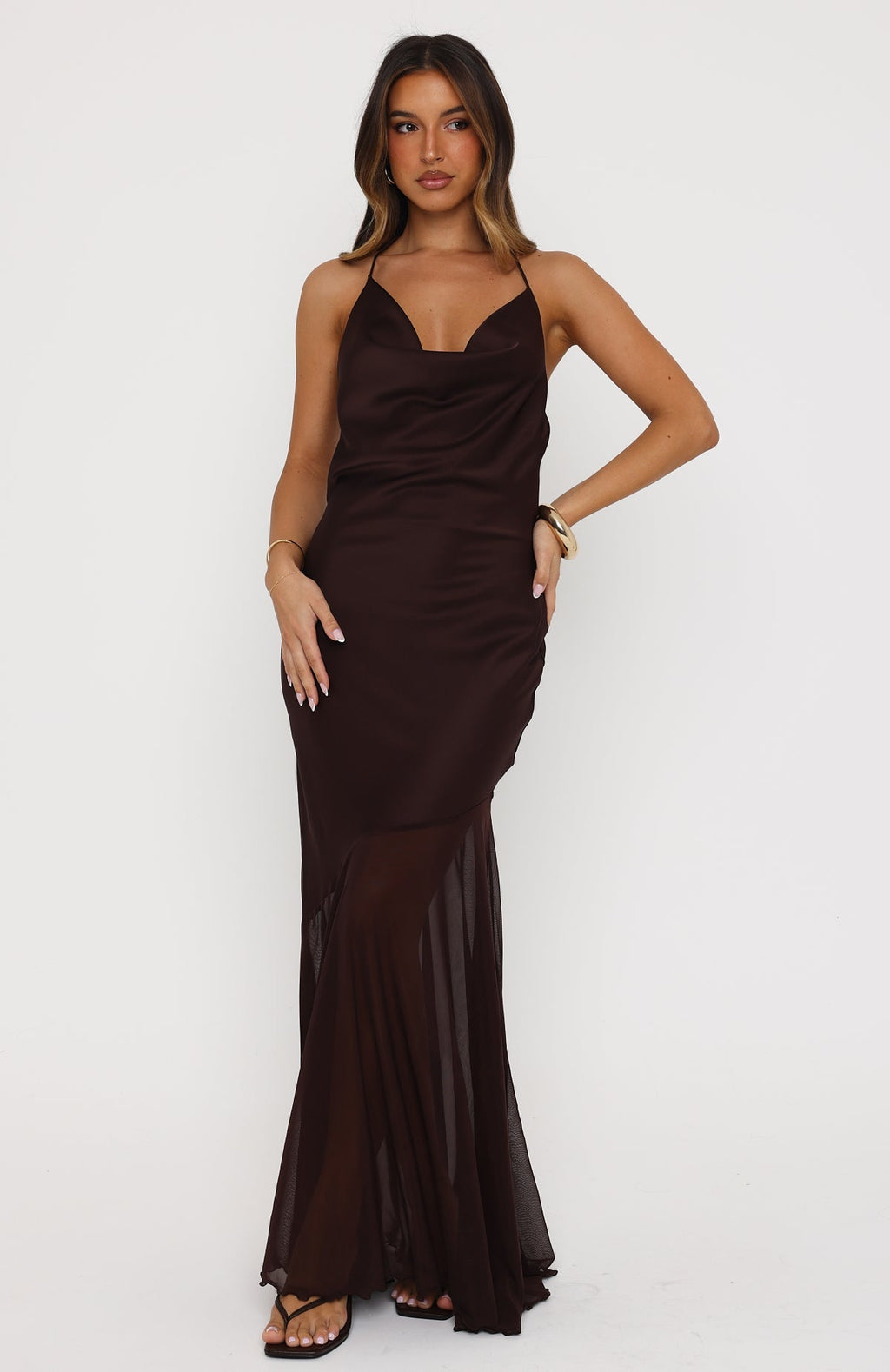 White Fox Power Pose Only Halter Maxi Dress Chocolate
