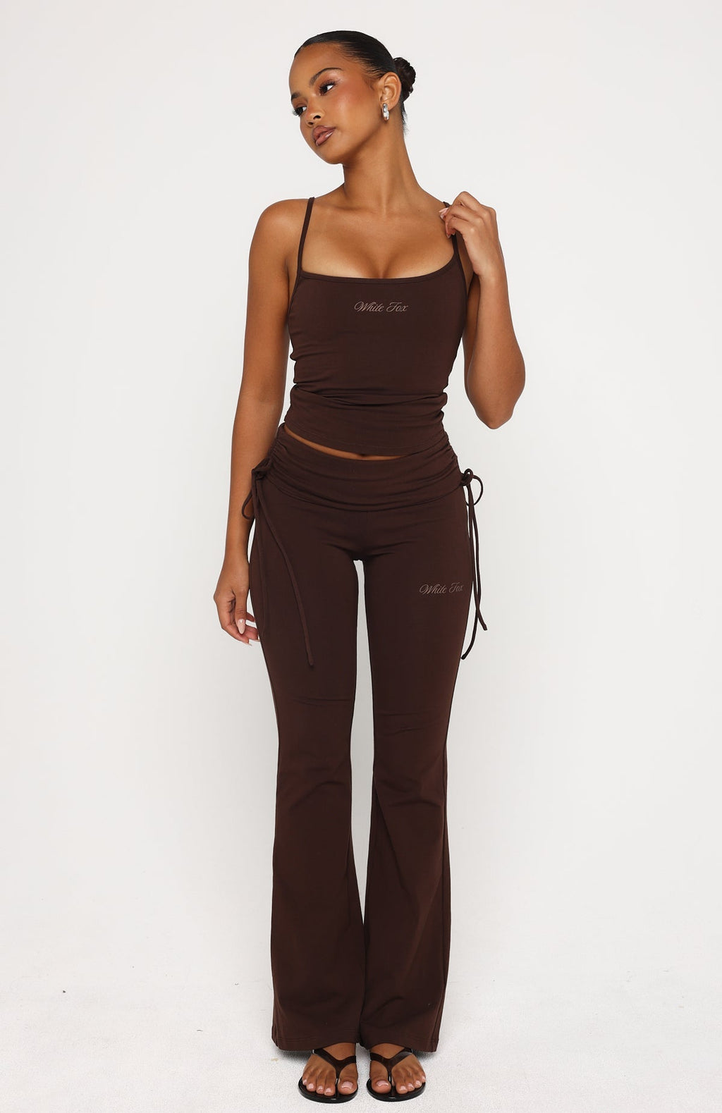White Fox Pretty Vibes Fold Over Flare Pants Chocolate